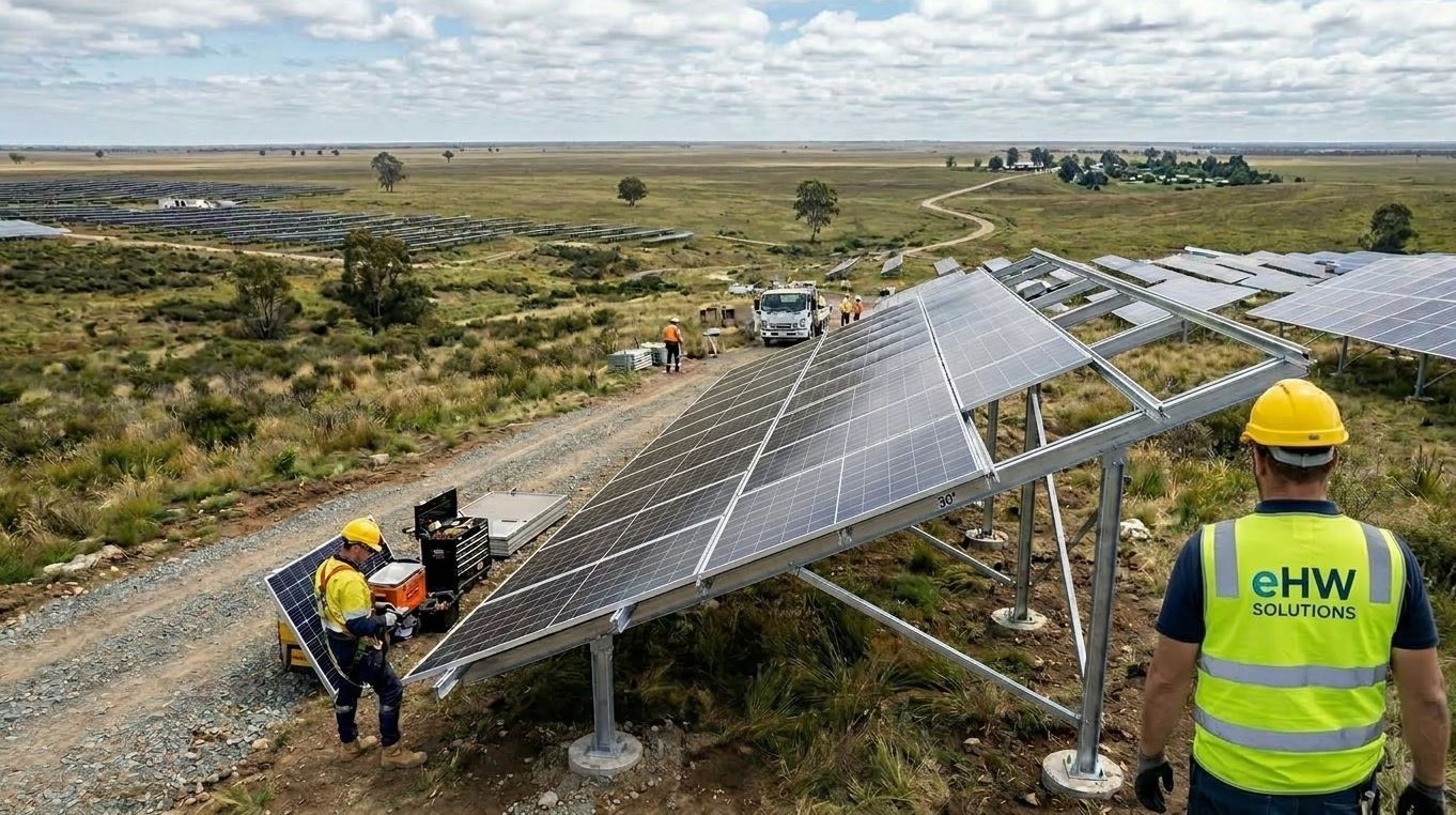 Equipo de eHW Solutions instalando estructura de soporte para paneles solares